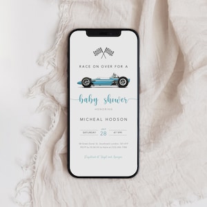 Rennwagen-Babyparty-Einladungsvorlage, Rennwagen-Babyparty-elektronische Einladung, blaues Rennwagen-E-vite, Vintage-Rennwagen-Text laden ein B-453