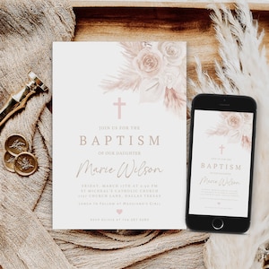 Editable Boho Baptism Invitation, Pink Flower Christening Invite, Girls Baptism Invitation, Christening Invitation Template, Evite, BT-36