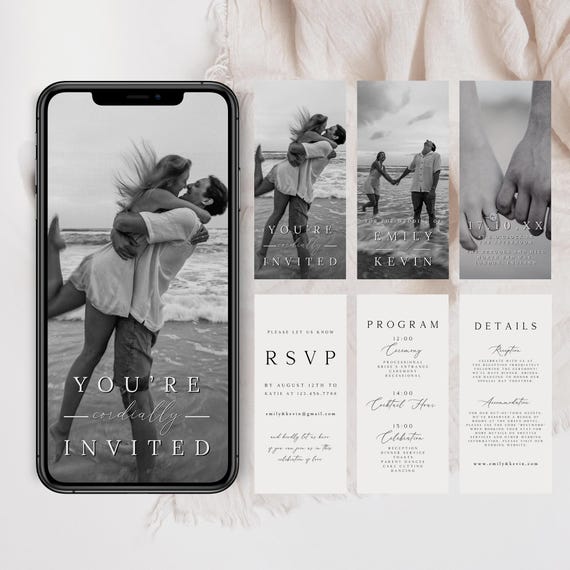 Modern Wedding Video Invitation Template, Animated Invite with RSVP, Details & Program, Add Your Own Photo and Music, Canva Template WIV-07