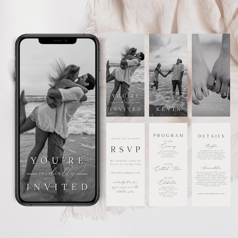 May include: Black and white wedding invitation suite with a photo of a couple on the beach. The invitation includes the text "You're cordially invited" and the couple's names, Emily and Kevin. The program includes the ceremony, cocktail hour, and celebration details. The details card includes information about the reception, accommodations, and website.