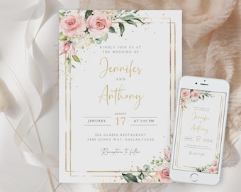 Pink Rose Wedding Invitation Template, Floral E-Invite (Instant Download)