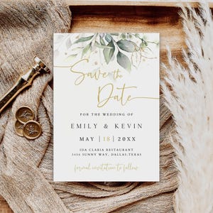 Invito di nozze "Save the Date" con eucalipto, verde e oro (download digitale) immagine 2