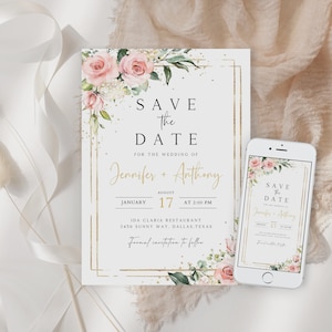 Blush rosa Blumen Hochzeit sparen das Datum Vorlage, Printable sparen das Datum, Rose Save the Date Karte, Hochzeit E-vite, Instant Download, SD-64