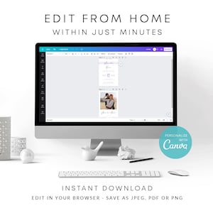 May include: A computer screen displaying a wedding invitation template on Canva. The template features a photo of a couple and the text "Amanda & Ryan". The text "Edit from home within just minutes" and "Personalize with Canva" are also visible on the screen.