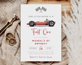 Racing Car 1st Birthday Invitation Template, Fast One Invite (Digital Download)