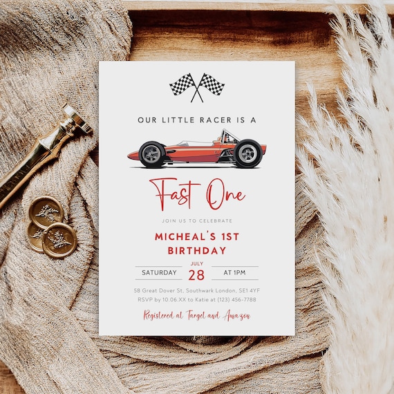 Racing Car 1st Birthday Invitation Template, Fast One Invite (Digital Download)