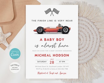 Editable Race Car Baby Shower Invitation, Vintage Racing Invite (Digital)