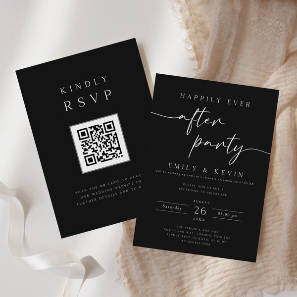 Happily Ever After Party Invitation Template, Wedding Reception Invite with QR rsvp, Black Reception Party Invitation, QR Code, Rsvp, PI-21
