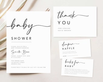 Editable Gender Neutral Baby Shower Bundle, Baby Shower Invitation Set, Minimalist Baby Shower Invite, Books for Baby, Diaper Raffle, BSB-15