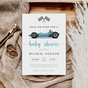 Rennwagen-Babyparty-Einladung, Blaue Rennwagen-Einladung, Rennwagen-Babyparty-Einladung, Jungen-Babyparty-Einladung, Sofortiger Download, B-452