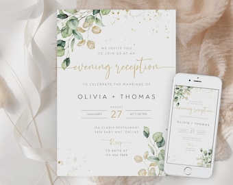 Plantilla de invitación para recepción de boda con motivos vegetales, eucalipto (digital)