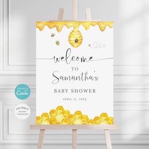 Signo de bienvenida de abejas, cartel de bienvenida de ducha, signo de bienvenida de miel, baby shower de abejas, baby shower de abejorros, plantilla, EDITABLE, BS-35