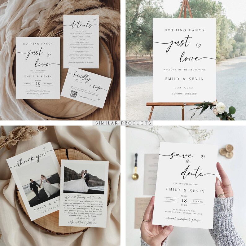 Op de afbeelding: Een set huwelijksstationery met een minimalistisch ontwerp. De kaarten zijn wit met zwarte kalligrafie en bevatten de zin "Niets Bijzonders, Gewoon Liefde". De kaarten omvatten een save-the-date, uitnodiging, RSVP en bedankkaart.