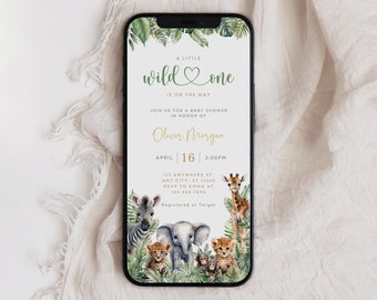 Wild One Baby Shower Evite, Editable Jungle Safari Digital Invite, Greenery Safari Baby Shower Electronic Invite, Instant Download, B-209