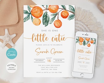 May include: Orange-themed first birthday party invitation with a watercolor illustration of orange branches and leaves. The invitation reads "She is one little cutie" and includes the name "Sarah Green", date, time, and location details.