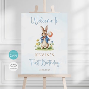 Cartello di benvenuto per il primo compleanno di Peter Rabbit, poster di benvenuto modificabile per il primo compleanno, decorazione di Peter Rabbit, cartello di benvenuto per il primo compleanno di Bunny, BS-40