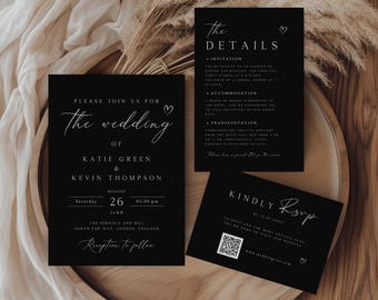 Minimalist Black Wedding Invitation Template Set, QR Code (Digital Download)