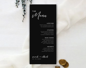 Minimalist Wedding Menu Template, Modern Black Dinner Menu (4x8, 4x9, Digital)