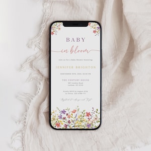 May include: A digital invitation for a baby shower with a floral design. The text reads "Baby in Bloom" and includes the name Jennifer Brighton, the date September 16th, 202X, the time 03:00 PM, the location The Century House, 997 Loudon Road, Latham, NY 12110, and the RSVP information: Kindly RSVP by August 07th to Olivia 522-4788-777.