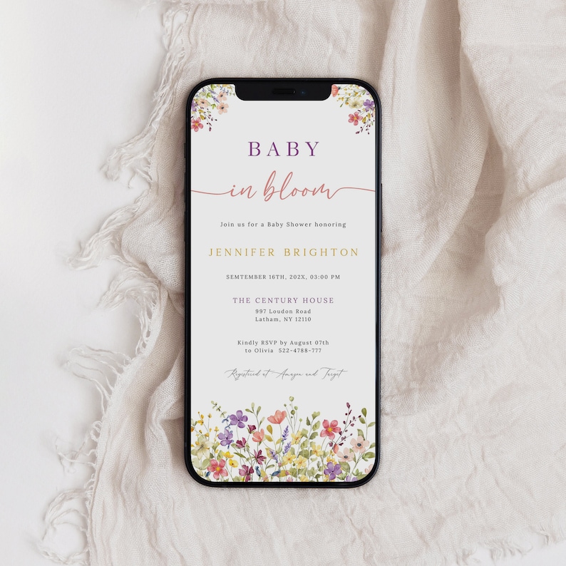 May include: A digital invitation for a baby shower with a floral design. The text reads "Baby in Bloom" and includes the name Jennifer Brighton, the date September 16th, 202X, the time 03:00 PM, the location The Century House, 997 Loudon Road, Latham, NY 12110, and the RSVP information: Kindly RSVP by August 07th to Olivia 522-4788-777.