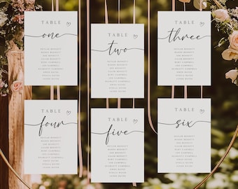 Tarjetas de distribución de mesas para bodas con diseño moderno (números de mesa imprimibles)