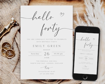 Editable Hello Forty Invitation Template, 40th Birthday Party (Digital)