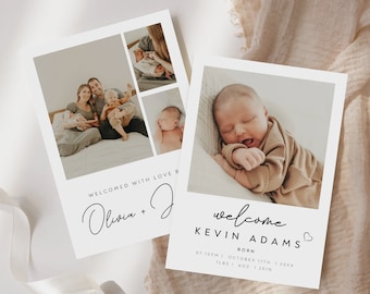 Może przedstawiać: Biała kartka z kolażem zdjęć rodziny z noworodkiem. Na kartce widnieje tekst "Welcomed with love Baby Olivia + J". Druga biała kartka z fotografią dziecka i tekstem "Welcome Kevin Adams Born 07:15PM | October 17th | 20XX 7LBS | 6OZ | 20IN" jest również widoczna.