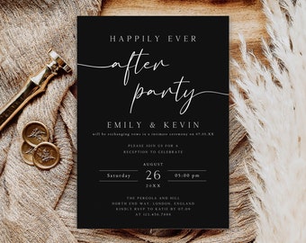 Reception Party Invitation, Happily Ever After Party Invite, Black Reception Invite, Minimalist Elopement Announcement Card, Evite, PI-02