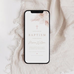 Modèle d'invitation électronique de baptême bohème, invitation dijital de baptême de fleur rose, évite de baptême, invitation modifiable de téléphone de baptême, BT-38