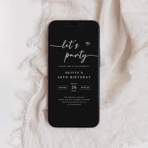 Minimalist Let's Party Invitation Template, Electronic Phone Text Message Evite, Digital White Birthday Party Invitation, Black Evite, AI-12