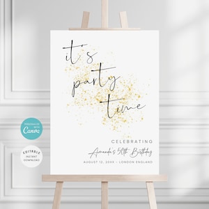 Minimalist Party Welcome Sign Template, Gold Glittery Birthday Welcome Sign, It&#39;s Party Time Poster, 50th Birthday, EDITABLE, BTS-02