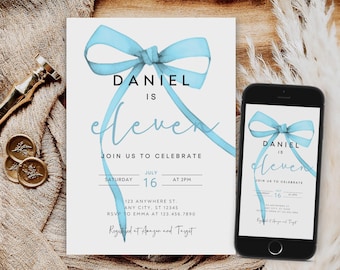 Blue Bow 11th Birthday Invitation, Editable Coquette Template (Digital Download)