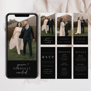 Black Wedding Video Invitation Template, Animated Invite with RSVP, Details & Program, Add Your Own Photo and Music, Canva Template, WIV-05