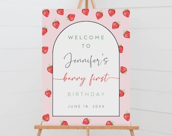 Editable Strawberry First Birthday Welcome Sign (Digital Download)