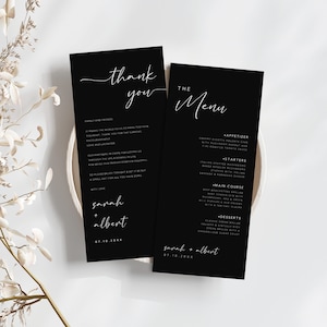 Menú negro minimalista y tarjeta de agradecimiento, nota de servilleta de boda, plantilla de nota de agradecimiento de boda, menú de cena de recepción, editable, WM-16