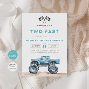 Może przedstawiać: Niebieskie i białe zaproszenie na urodziny z ilustracją monster trucka. Zaproszenie zawiera napis "Growing Up Two Fast" i "Nathan's Second Birthday!" wraz z datą i godziną imprezy.