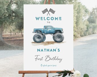 Monster Truck Birthday Welcome Sign, Blue Racing Truck (Digital Download)