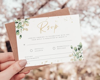 Eucalyptus Wedding RSVP Card Template, Green and Gold (Instant Download)