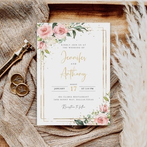 Plantilla de invitación de boda con rosas rosas, invitación de boda con flores rosas, invitación de boda editable en rosa ruborizado, descarga instantánea, WI-92