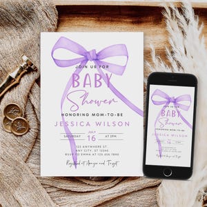 Editable Purple Bow Baby Shower Invitation, Ribbon Bow Shower Invite, Purple Coquette Baby Shower Invitation, Instant Download, B-758