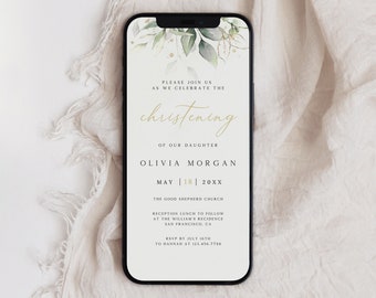 Electronic Christening Invitation Template, Greenery Christening Invite, Christening Evite, Digital Baptism Invitation, BT-23