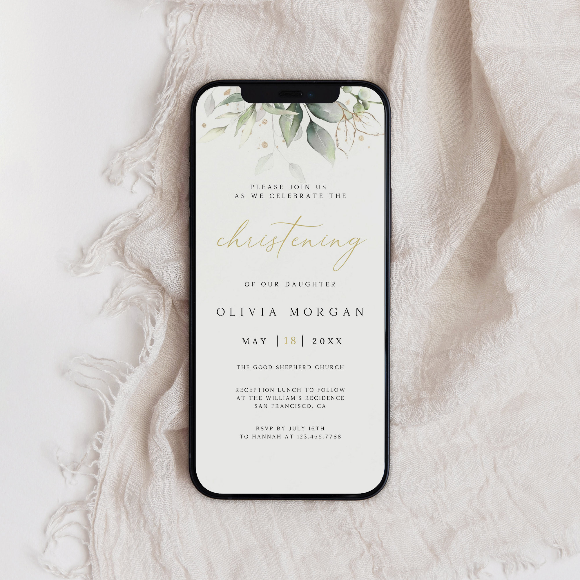 Electronic Christening Invitation Template, Greenery Christening Invite, Christening Evite, Digital Baptism Invitation, BT-23