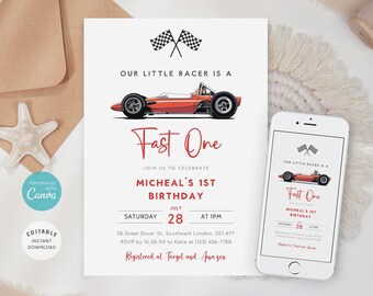 Editable Race Car First Birthday Invitation (Digital)
