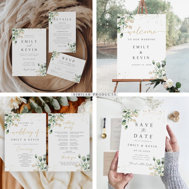 Pu&ograve; includere: Set di inviti di nozze a tema verde e oro. L'invito presenta un design ad acquerello con foglie di eucalipto e glitter dorato. Il testo sull'invito recita "Benvenuti al matrimonio di Emily e Kevin".