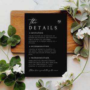 Modelo de cartão de detalhes editável, encarte minimalista para casamento, cartão de detalhes simples, cartão de acomodação preto, cartão de anexo para casamento, DT-15