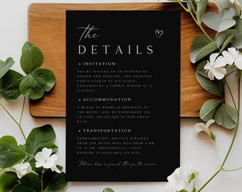 Modèle de carte de détails de mariage minimaliste, encart noir pour hébergement (téléchargement numérique)