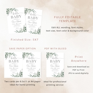 Op de afbeelding: Twee afdrukbare babyshower-uitnodigingen met een ontwerp van groene eucalyptusbladeren. De uitnodigingen zeggen "hello baby" en bevatten de naam "Olvin Robinson" en de datum "25". De tekst "Volledig bewerkbare sjabloon" staat bovenaan de afbeelding. De tekst "Papier besparen optie" en "PDF met bleed" staat onder de uitnodigingen. De tekst "Overal afdrukken" staat rechtsonder in de afbeelding.