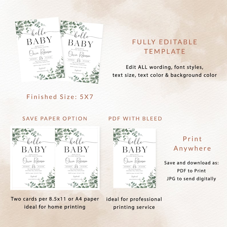 Op de afbeelding: Twee afdrukbare babyshower-uitnodigingen met een ontwerp van groene eucalyptusbladeren. De uitnodigingen zeggen "hello baby" en bevatten de naam "Olvin Robinson" en de datum "25". De tekst "Volledig bewerkbare sjabloon" staat bovenaan de afbeelding. De tekst "Papier besparen optie" en "PDF met bleed" staat onder de uitnodigingen. De tekst "Overal afdrukken" staat rechtsonder in de afbeelding.