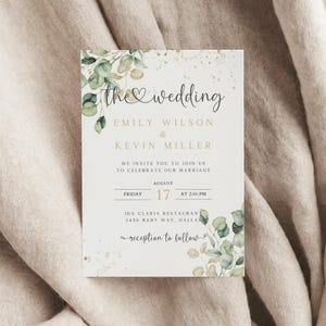 Greenery Wedding Invitation Template, Eucalyptus Wedding Invite, Wedding Electronic Invitation, Green and Gold Wedding Invite, WI-174