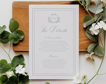 Plantilla de tarjeta de detalles de boda en color marfil, inserto de caligrafía clásica, doble cara (digital)